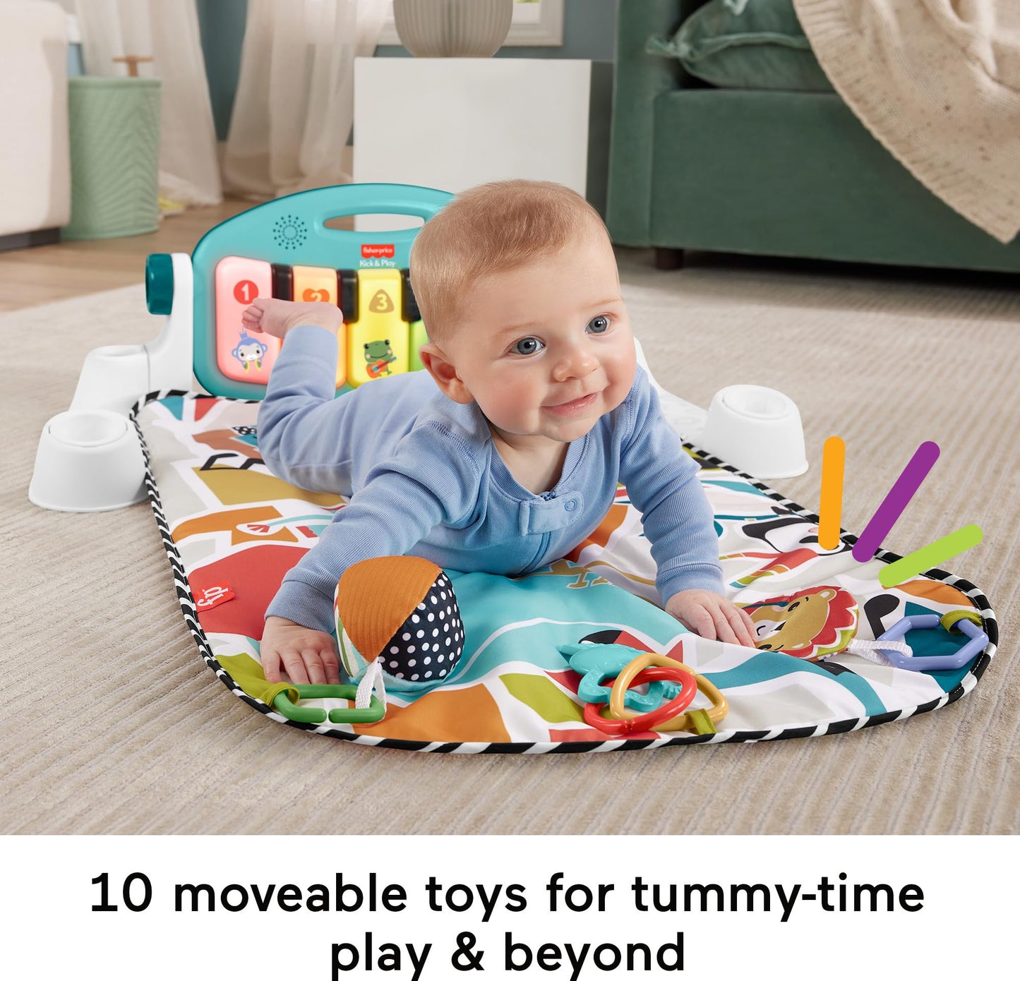 Fisher-Price Baby Playmat Glow and Grow Kick & Play Piano Gym, Blue Musical Learning Toy with Developmental Activities for Newborns 0+ Months