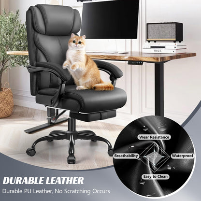 HeroSet Office Chair, Executive Leather Chair Big and Tall Ergonomic Computer Desk Chair, Comfy Swivel Rolling Reclining Lumbar Support Task Chair with Adjustable High Back Foot Rest for Home Gaming