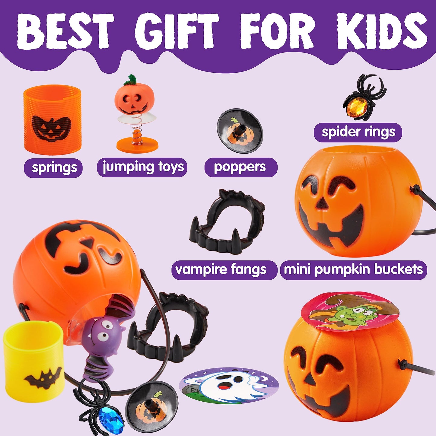 JOYIN 144 PCS Halloween Toy Gifts for Kid Trick or Treating, 24 Pack Prefilled Mini Pumpkin Buckets with Spider Ring, Popper, Spring, Vampire Teeth and Spinning Top, Halloween Party Favors Supplies