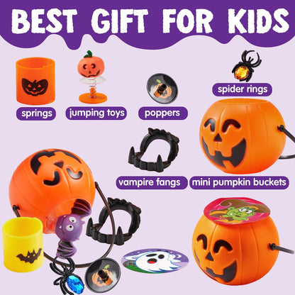 JOYIN 144 PCS Halloween Toy Gifts for Kid Trick or Treating, 24 Pack Prefilled Mini Pumpkin Buckets with Spider Ring, Popper, Spring, Vampire Teeth and Spinning Top, Halloween Party Favors Supplies