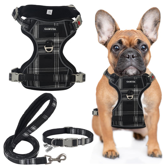 GAMUDA Dog Harness Collar and Leash Set, Horse Care Sheets, No Chock No Pull Adjustable Vest Harnesses Plaid Reflective for Medium Dog, Cat, Small Horse, Small Bull and Pig (Black, M)
