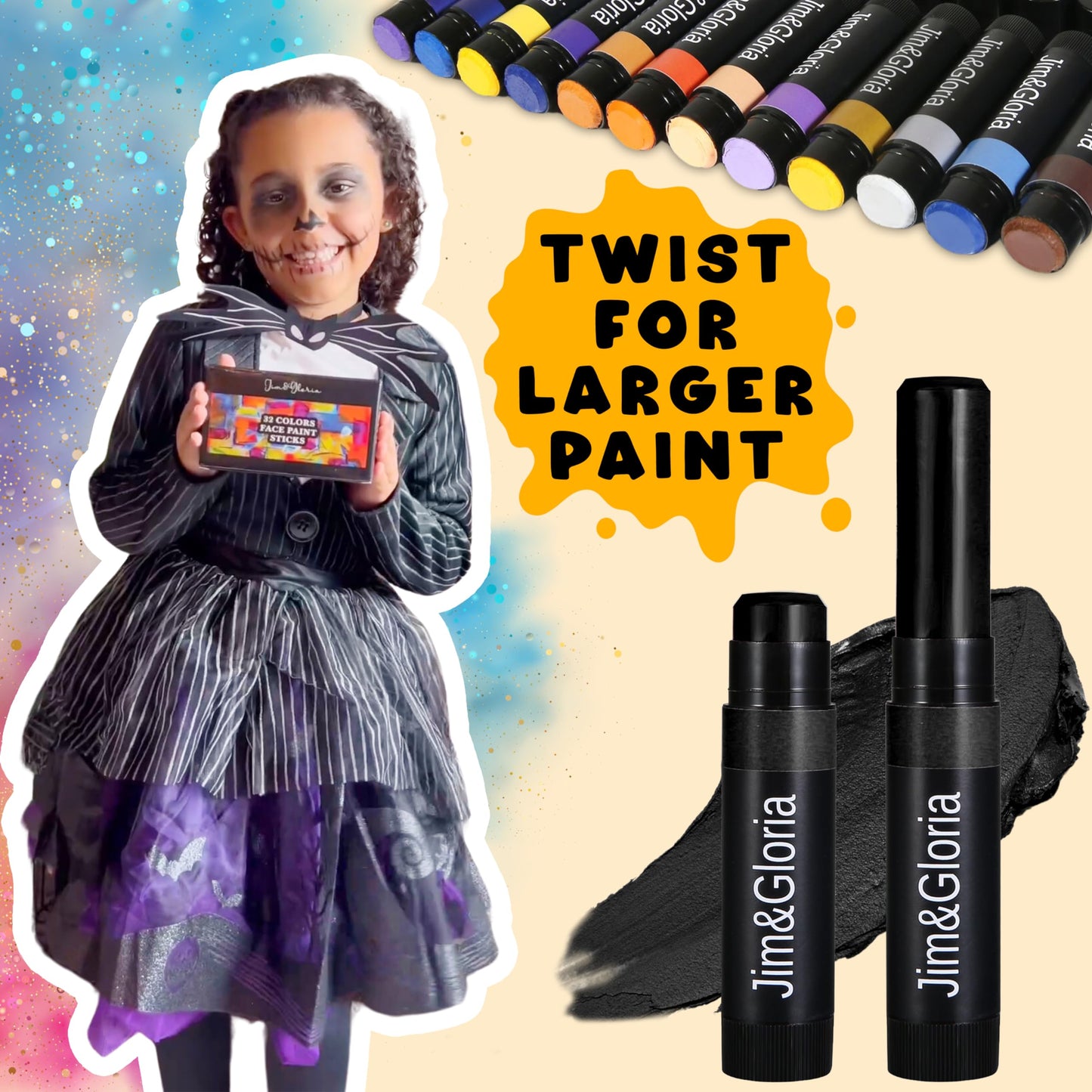 Jim&Gloria Water Based Face Paint Sticks Bulk 32 Professional Face Painting Kit for Kids Party, Metallic, Neon, Classic Facepaint Crayons, Washable Body Paint Adults Cosplay, Clown, Halloween Makeup