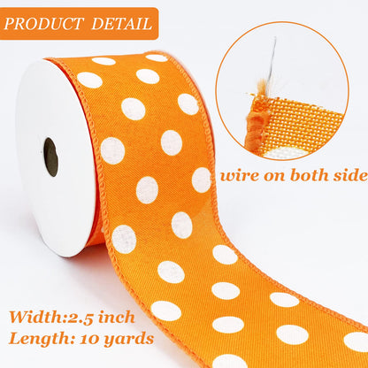 Leecogo Easter Ribbon Wired,2 1/2”x10 Yard,Orange Polka Dots Ribbon for Easter, Christmas, Wreath, Spring, Summer, Wedding, Baby Shower, Birthday