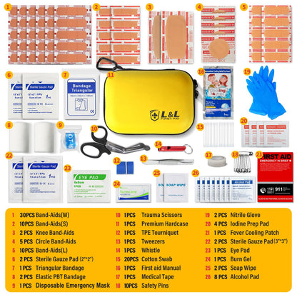 120-Piece First Aid Kit for Travel,Car & Emergency Survival - Compact Waterproof Medical Supplies with Trauma Bandages,Burn Gel & Fever Cooling Patch | Portable for Camping,Hiking,Sports(Yellow)