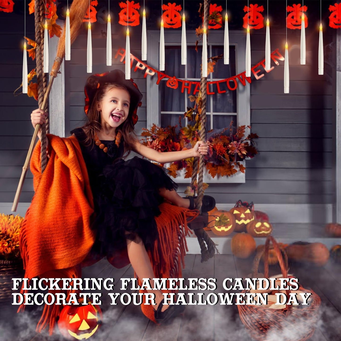 Floating Candles with Wand Remote, 20 Pcs Magic Halloween Hanging Candles, Flickering Warmer Light Flameless LED Candles with DIY Sticker, Battery Operated Halloween Decorations Gifts Indoor (20)