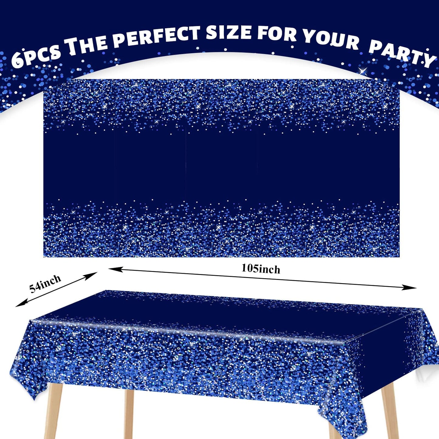 3pcs Blue Silver Tablecloths Denim and Diamonds Party Decorations Navy Blue and Silver Tablecloth Disposable Plastic Royal Blue Confetti Rectangle Table Cover for Birthday Wedding Party Decor Supplies
