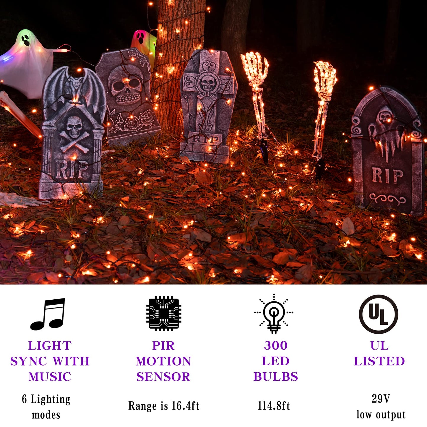 Halloween String Lights with Music Sync Spooky Sounds - 6 Lighting Modes, 300 LED Lights for Haunted Party Yard Room Decor (Orange)