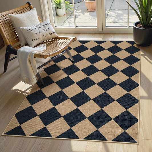 Lahome Checkered Easy Jute 3x5 Outdoor Patio Rug, Washable Rugs for Entryway Diamond Indoor Outdoor Living Room Carpet, Farmhouse Neutral Non Slip Black Door Carpet for Backyard Bedroom