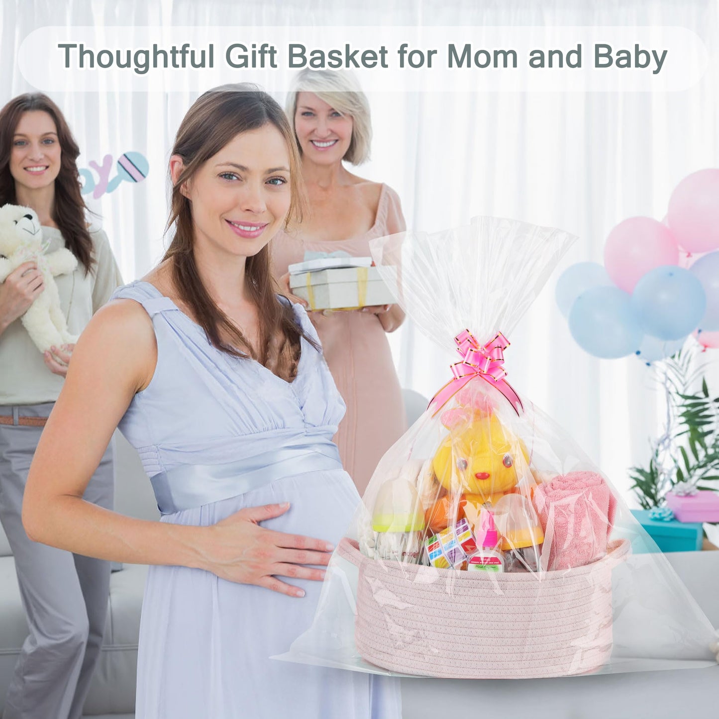 COMSE Small Woven Basket with Gift Bags and Ribbons, Gift Basket Empty, Cotton Rope Storage Organizer, Baby Toy Box with Handles, 12" x 8" x 5", Light pink