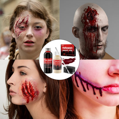 Halloween SFX Makeup Kit Fake Blood(100ML) + Liquid Latex(60ML) + Spatula Tool + 2Pcs Stipple Sponge For Scary Halloween Special Effects Cosplay Costumes Decorations