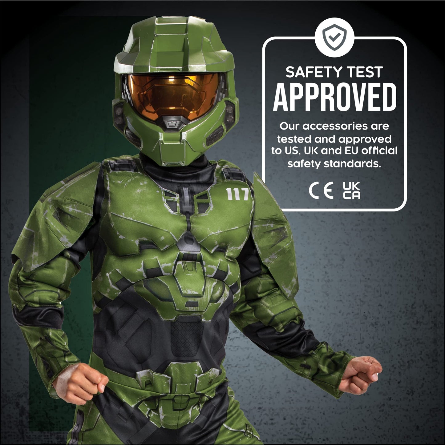 Halo Infinite Master Chief Costume, Kids Size Muscle Padded Video Game Inspired Character Jumpsuit, Child Size Large (10-12), Green & Black
