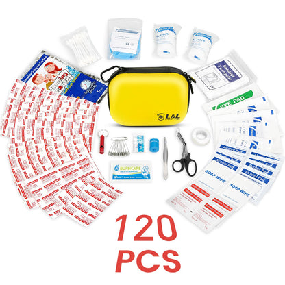 120-Piece First Aid Kit for Travel,Car & Emergency Survival - Compact Waterproof Medical Supplies with Trauma Bandages,Burn Gel & Fever Cooling Patch | Portable for Camping,Hiking,Sports(Yellow)