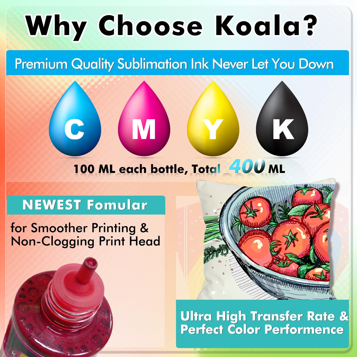 Koala Sublimation Ink Refill Bottle Compatible with ET-2720 ET-2760 ET-2800 ET-2803 ET-2850 ET-3760 WF-7710 WF-7720 C68 C88 for Heat Transfer on Mugs, Polyester Shirts, Mat, etc