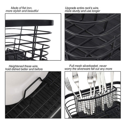 (Black) - ESYLIFE Kitchen Dish Drainer Drying Rack with Drip Tray and Full-Mesh Silverware Storage Basket, Black