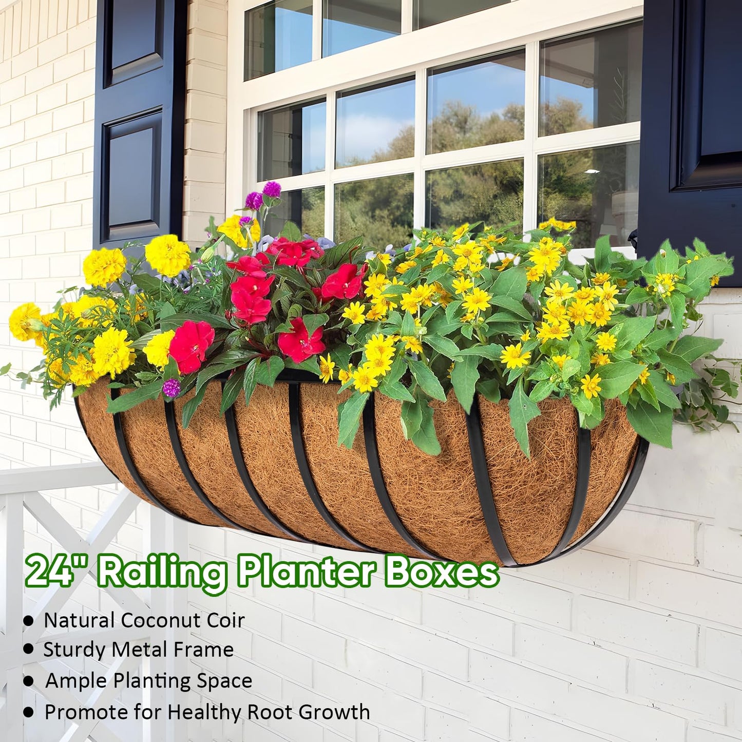LCHUANG Railing Planter Window Box - 4 Pack 24 Inch Deck Balcony Rail Planter with Coconut Coir Liner, Fence Metal Hanging Flower Basket Deck Railing Planter Boxes for Outdoor Garden