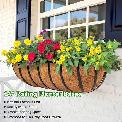 LCHUANG Railing Planter Window Box - 4 Pack 24 Inch Deck Balcony Rail Planter with Coconut Coir Liner, Fence Metal Hanging Flower Basket Deck Railing Planter Boxes for Outdoor Garden