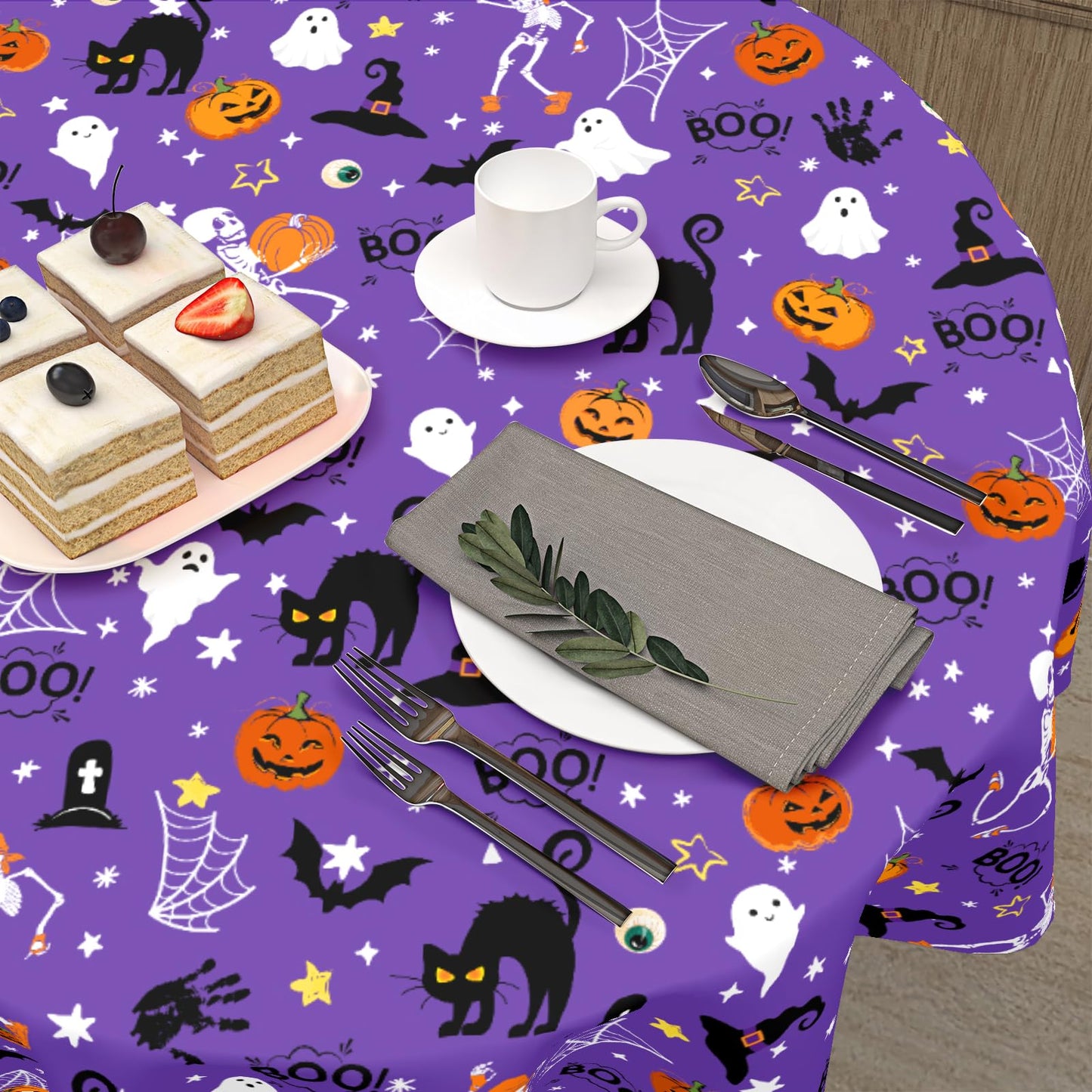 ABSOP Halloween Tablecloth Round 60 Inch Purple Outdoor Table Cloth Black Orange Pumpkin Table Cover for Kitchen Dinner Room Holiday Party Outdoor Home Halloween Decor