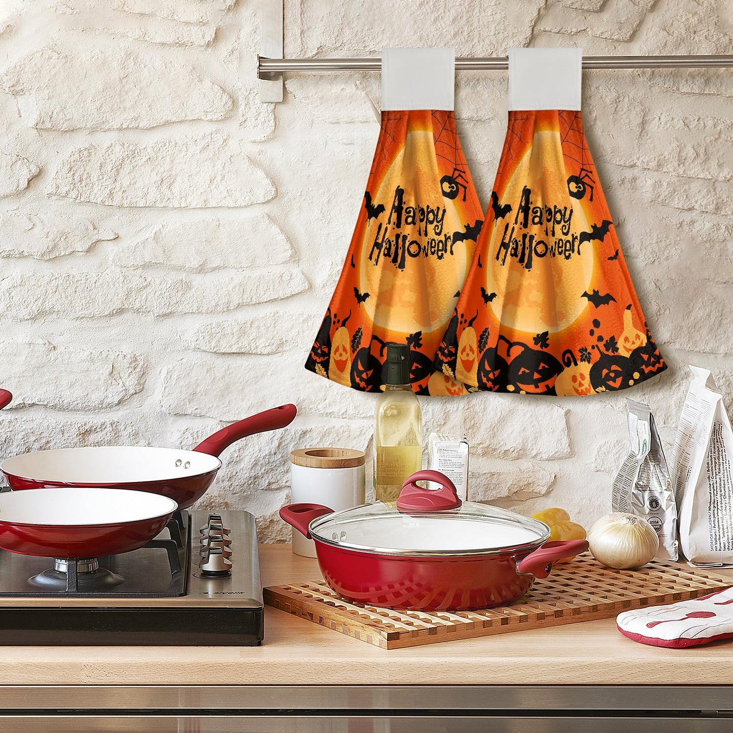 Giwawa Happy Halloween Hanging Kitchen Towels Set of 2 Spooky Pumpkin Bat Hand Tie Towel with Loop Scary Moon Orange Fast Drying Dish Tea Towels for Bathroom Tabletop Home Decor