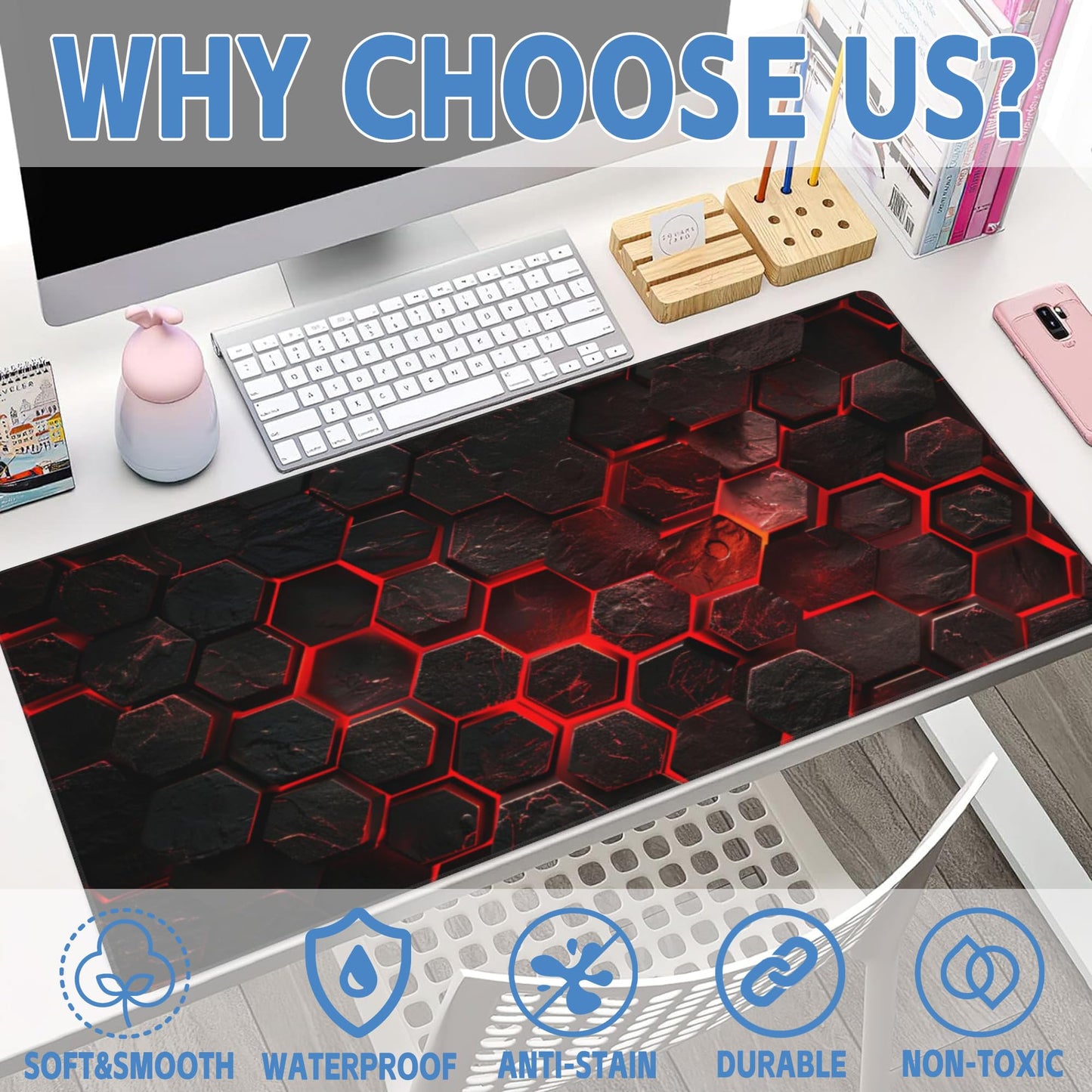 Large Gaming Mouse Pad for Desk,Red Honeycomb Science Technology Desk Mat,Honeycomb Hexagon Desk Pad,Extended Big Computer Keyboard Mouse Pad with Non-Slip Base Stitched Edges 35.4"x15.7"