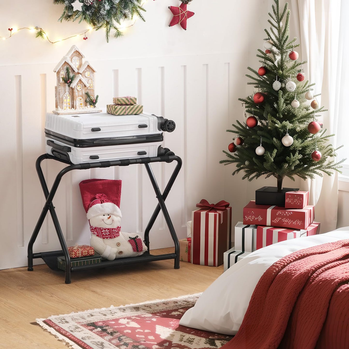 HOOBRO Luggage Rack, Folding Suitcase Stand with Fabric Storage Shelf for Guest Room, Bedroom, Hotel, Holds up to 100 lb, 27 x 15.3 x 22 Inches, Space Saving, Black BK04XL01