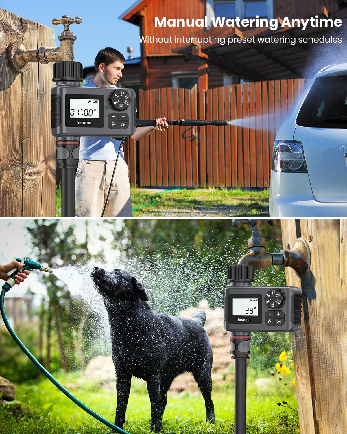 Insoma Outdoor Garden Hose Faucet Timers, Programmable Water Sprinkler Timer with Rain Delay/Manual/Automatic Drip Irrigation and Lawn Watering System for Yard, 1 Outlet