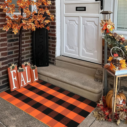KIMODE Fall Outdoor Rug Buffalo Plaid Orange and Black 24"x51",Washable Cotton Fall Halloween Door Mat,Reversible Checkered Layering Rugs for Entryway,Halloween Front Porch Decor