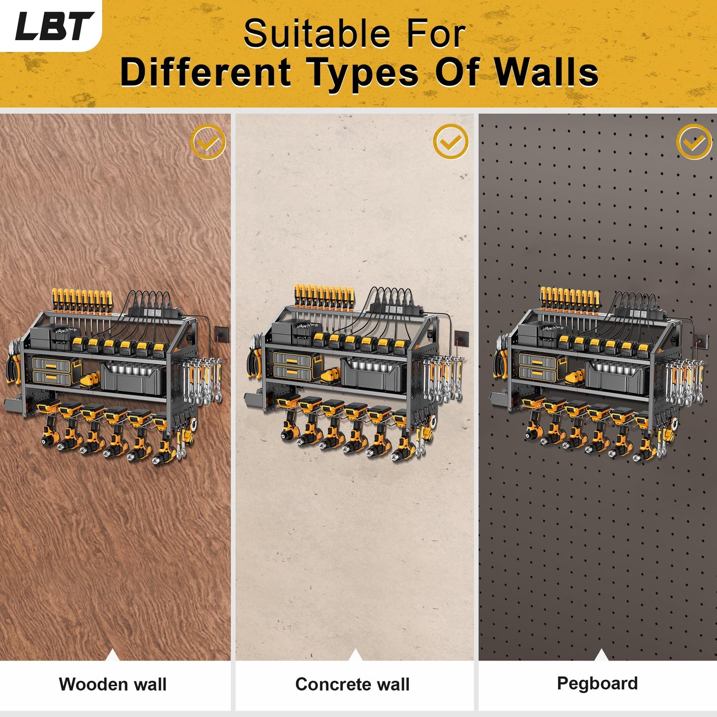 LBT 4 Layer Power Tool Organizer Wall Mount With Charging Station, Patented, 6 Outlet Power Strip, 6 Drill Holder, Heavy Duty Metal Garage Tool Storage Rack, Gifts For Men Fathers Day