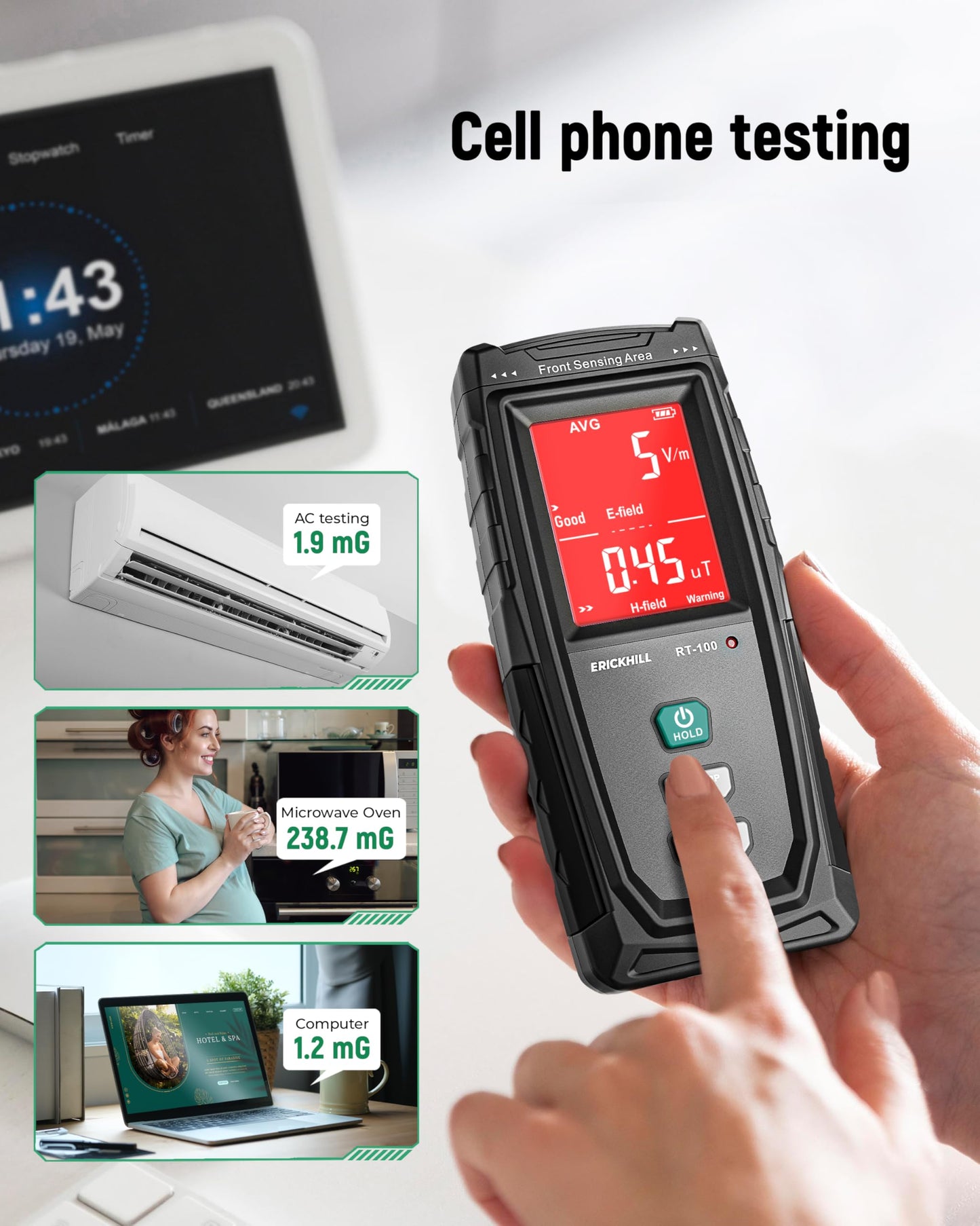 ERICKHILL EMF Detector, Rechargeable Digital Electromagnetic Field Radiation Detector Hand-held Digital LCD EMF Meter Great Tester for Home EMF Inspections,Ghost Hunting Green