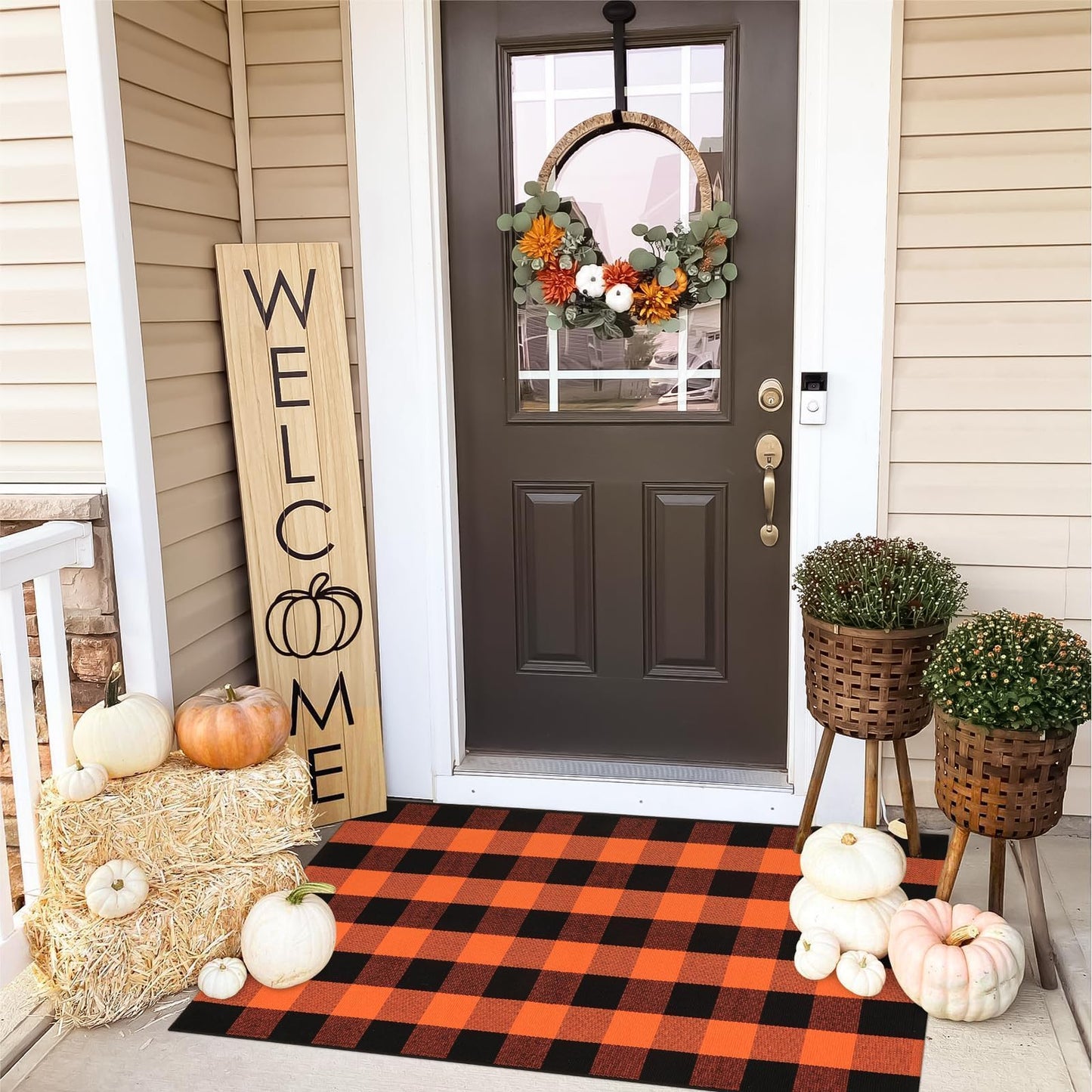 LEEVAN Halloween Buffalo Plaid Outdoor Rug 3x5, Washable Checkered Orange and Black Front Porch Rugs, Thanksgiving Cotton Woven Door Layered Mat for Farmhouse Entryway/Patio/Kitchen