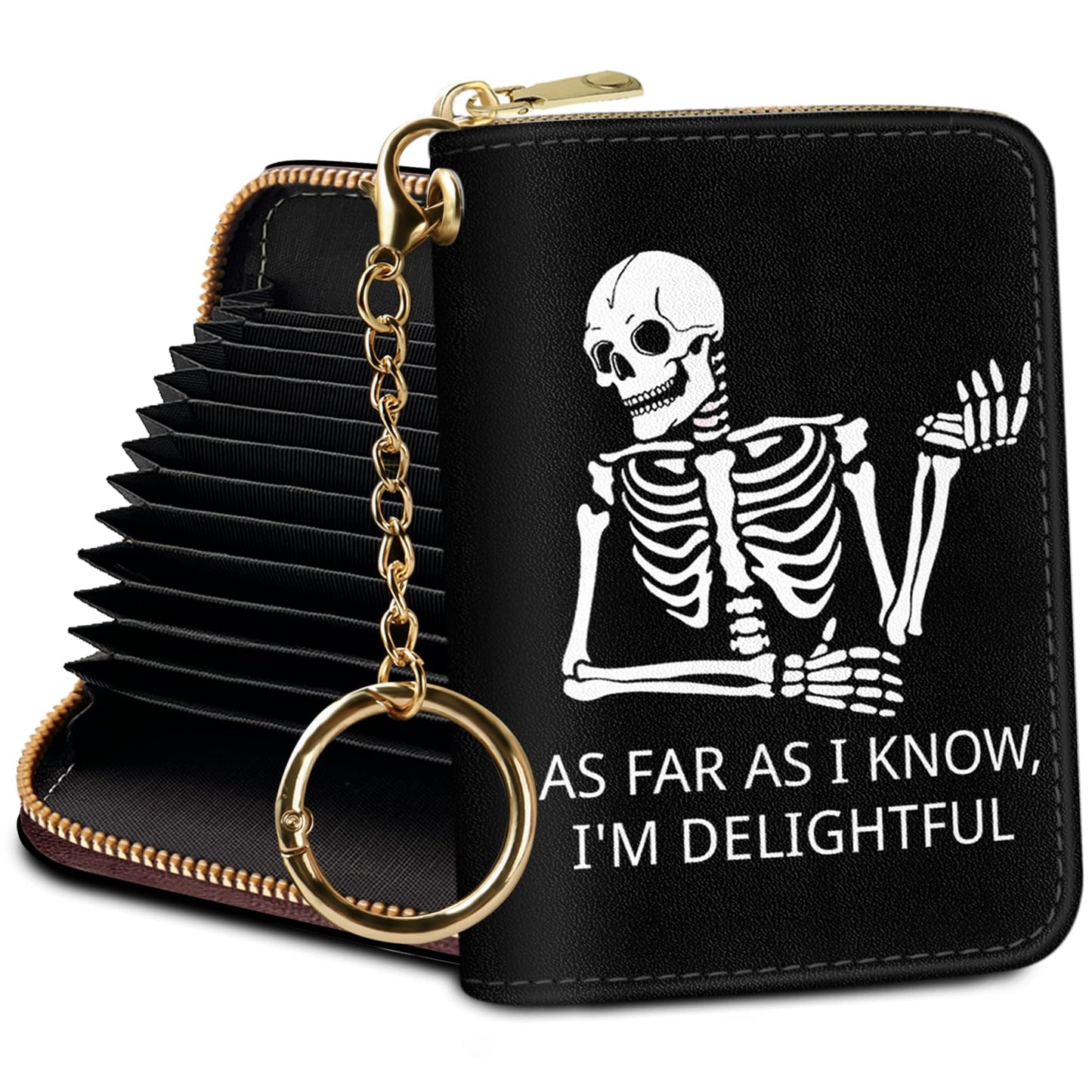 Credit Card Holder RFID Wallet, Funny Skeleton Card Holder Wallet for Women with Keychain Zipper, Small Gothic Leather Print Credit Card Wallets Accordion Gift