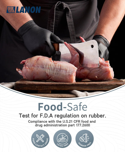 LANON Food Safe Disposable Nitrile Gloves, Latex-Free, Powder-Free, Silicone-Free, Textured Fingertips, Cooking, Black，Medium