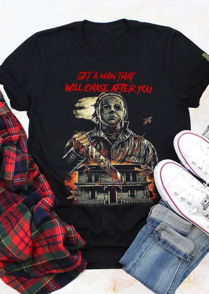 Get A Man That Will Chase After You Halloween Bleached Shirt Women Horror Scary Graphic Tees Top(BK2,M)