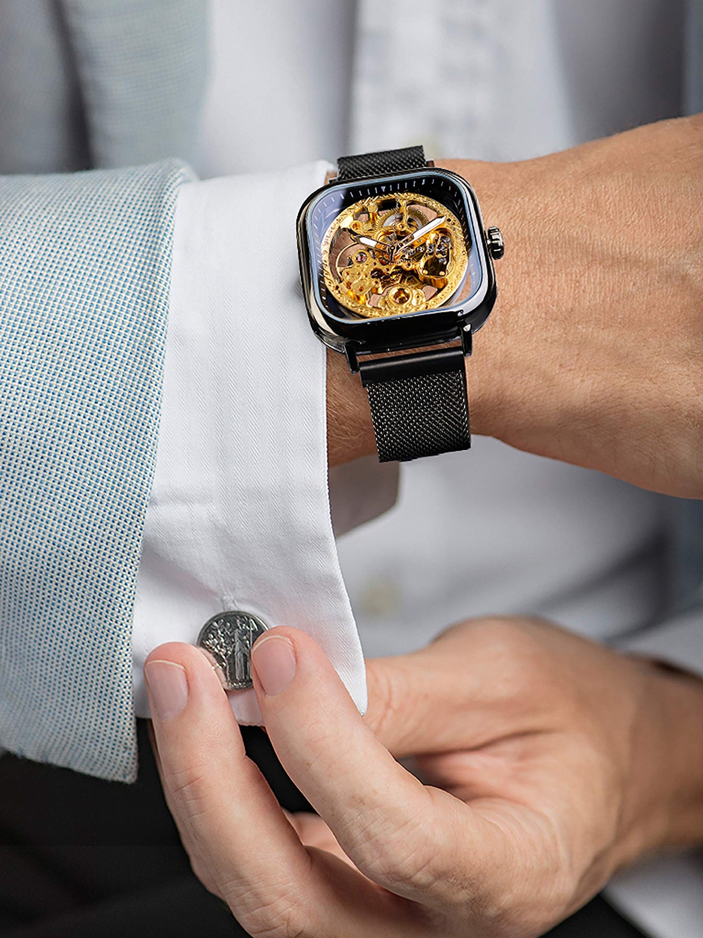 FORSINING Square Automatic Watches Mechanical Wrist Watch Black for Mens Skeleton Watches with Stainless Steel Transparent Dial with Royal Flower Movement Carving