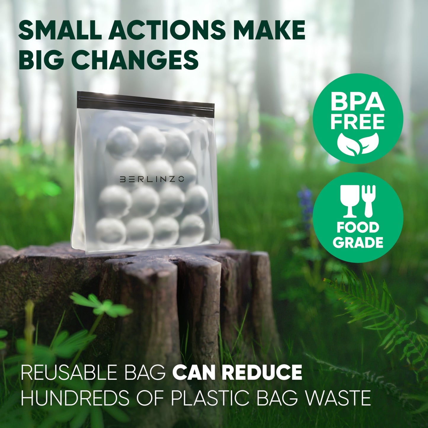 BERLINZO Large Reusable Ice Storage Bag - Freezer Safe Leak Proof Silicone and Plastic-Free Lunch Bag for Ice and Food Storage - BPA-Free XL Size