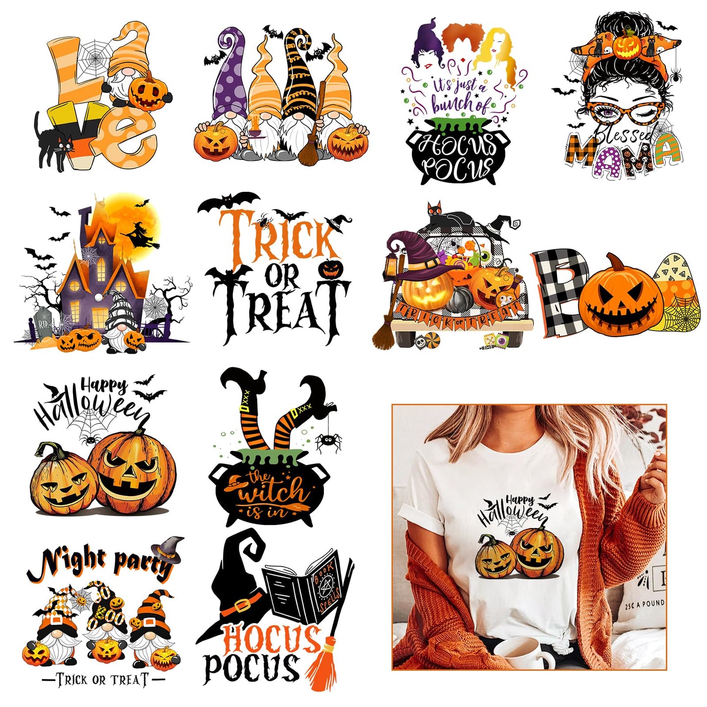 Halloween Iron on Transfer for T-Shirts, Orange Pumpkins Heat Transfer Vinyl Stickers, Heflashor 12 PCS Fall HTV Pumpkins Leopard Pattern Iron on Decals Patches for Party, Easy Press