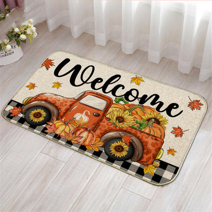 Fall Door Mat, Welcome Fall Outdoor Mat for Front Door, Autumn Pumpkins with Truck Black and White Buffalo Plaid Seasonal Non Slip Doormat for Entrance Entryway Outside, 17x29 Inches