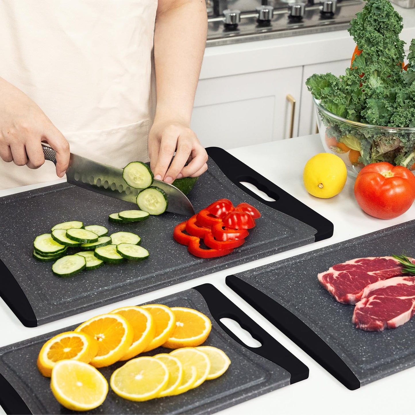 Extra Large Cutting Boards, Plastic Cutting Boards for Kitchen (Set of 3) Cutting Board Set Dishwasher Chopping Board with Juice Grooves Easy-Grip Handles, Dark Grey, Empune