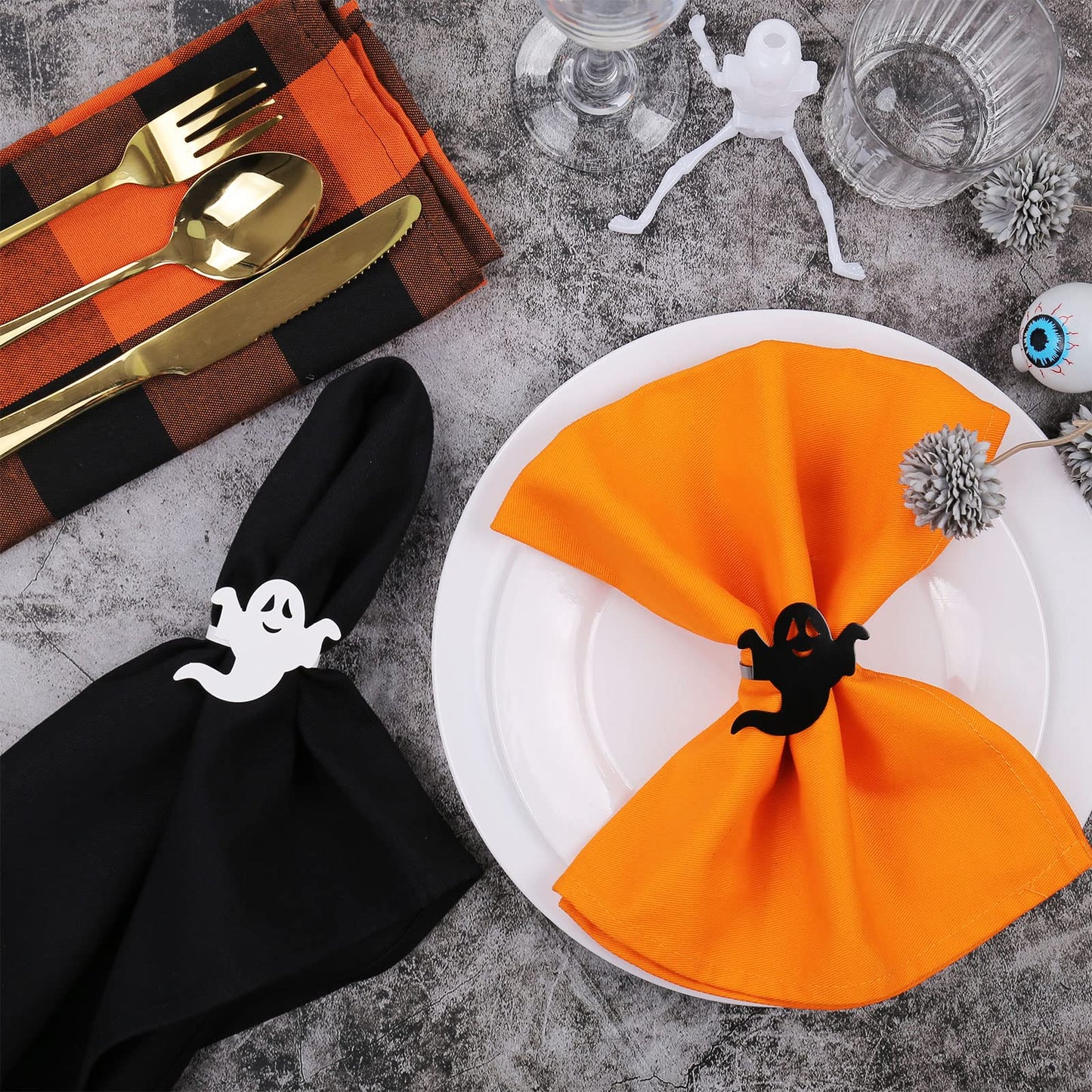 Ghost Napkin Rings Set of 12, White and Black Ghost Napkin Buckle for Halloween Holiday Birthday Party Decoration