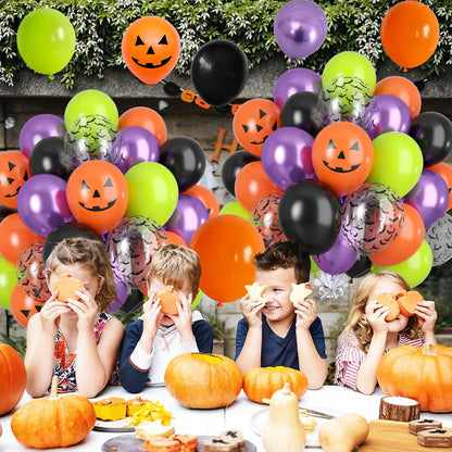 Halloween Party Balloons, Black Orange Green Purple Party Balloons, Metallic Purple Balloon Bat Pumpkin Head Printed Balloon for Halloween Birthday Baby Shower Home Garden Party Decoration