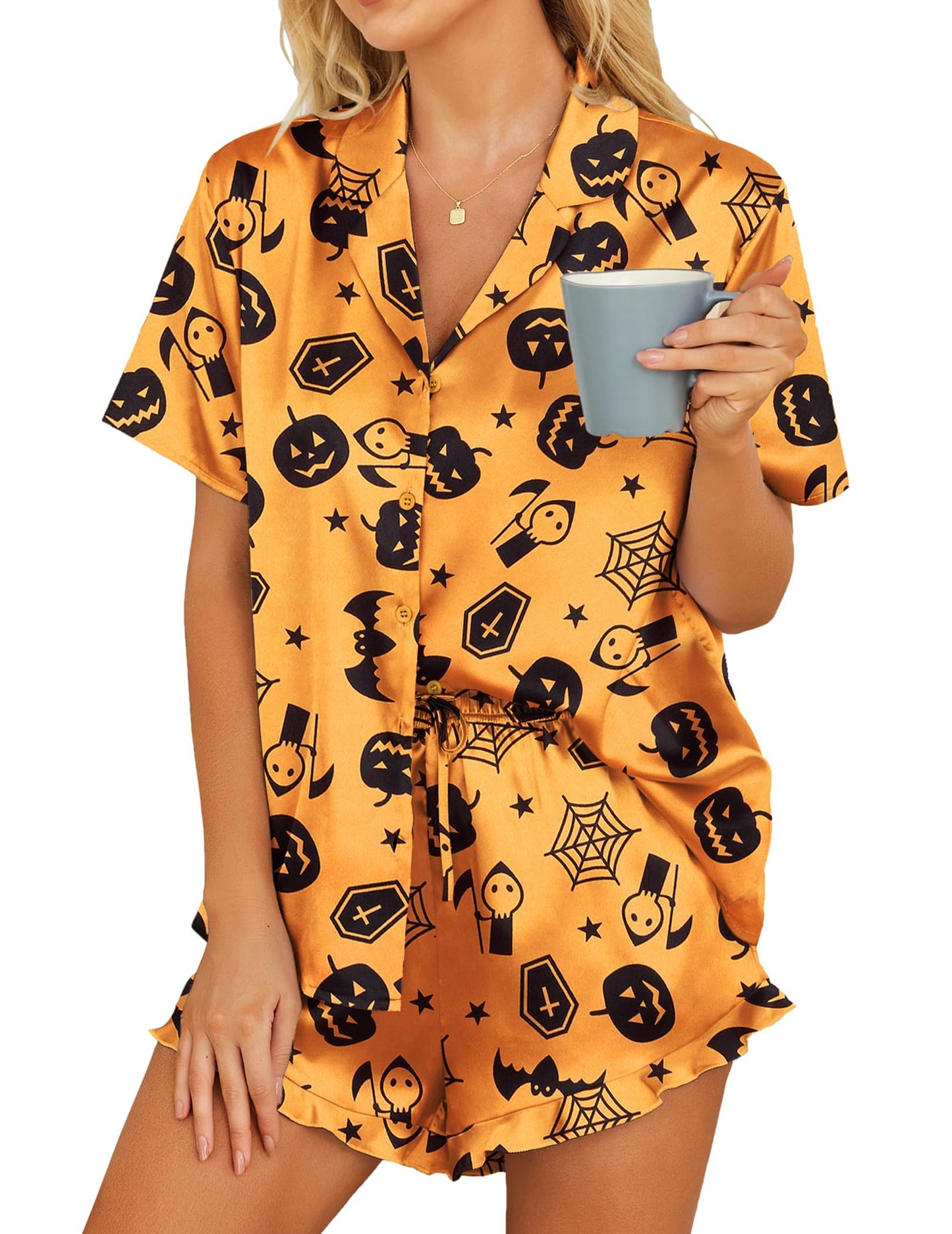 HOTOUCH Matching Halloween Pajamas Satin Sleep Set Plus Size Pjs Shorts Set Soft Halloween Sleepwear