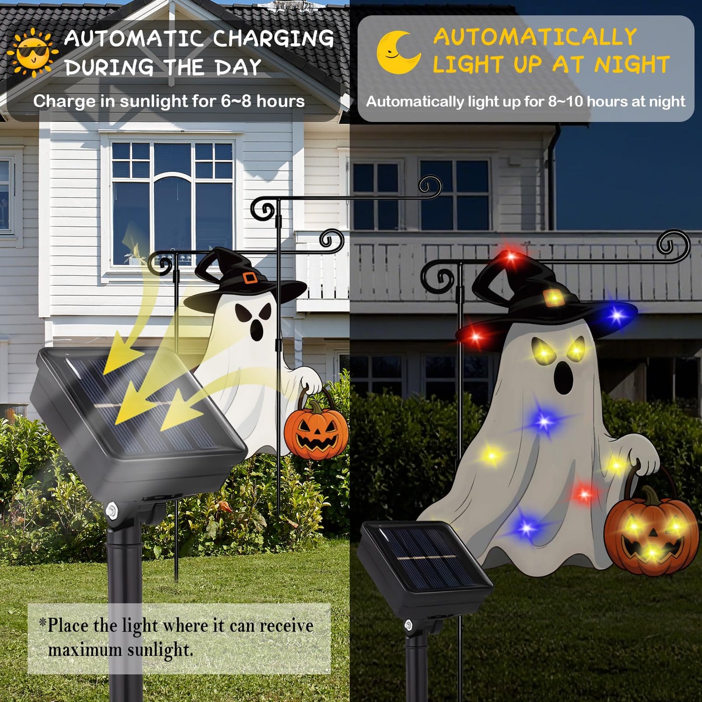 GOAUS Halloween LED Garden Flag Light Up Solar Powered, Ghost Decorations Outdoor, Double Sided Oxford Decorative Flag for Lawn Yard Outside Decor, 12x18 Inches