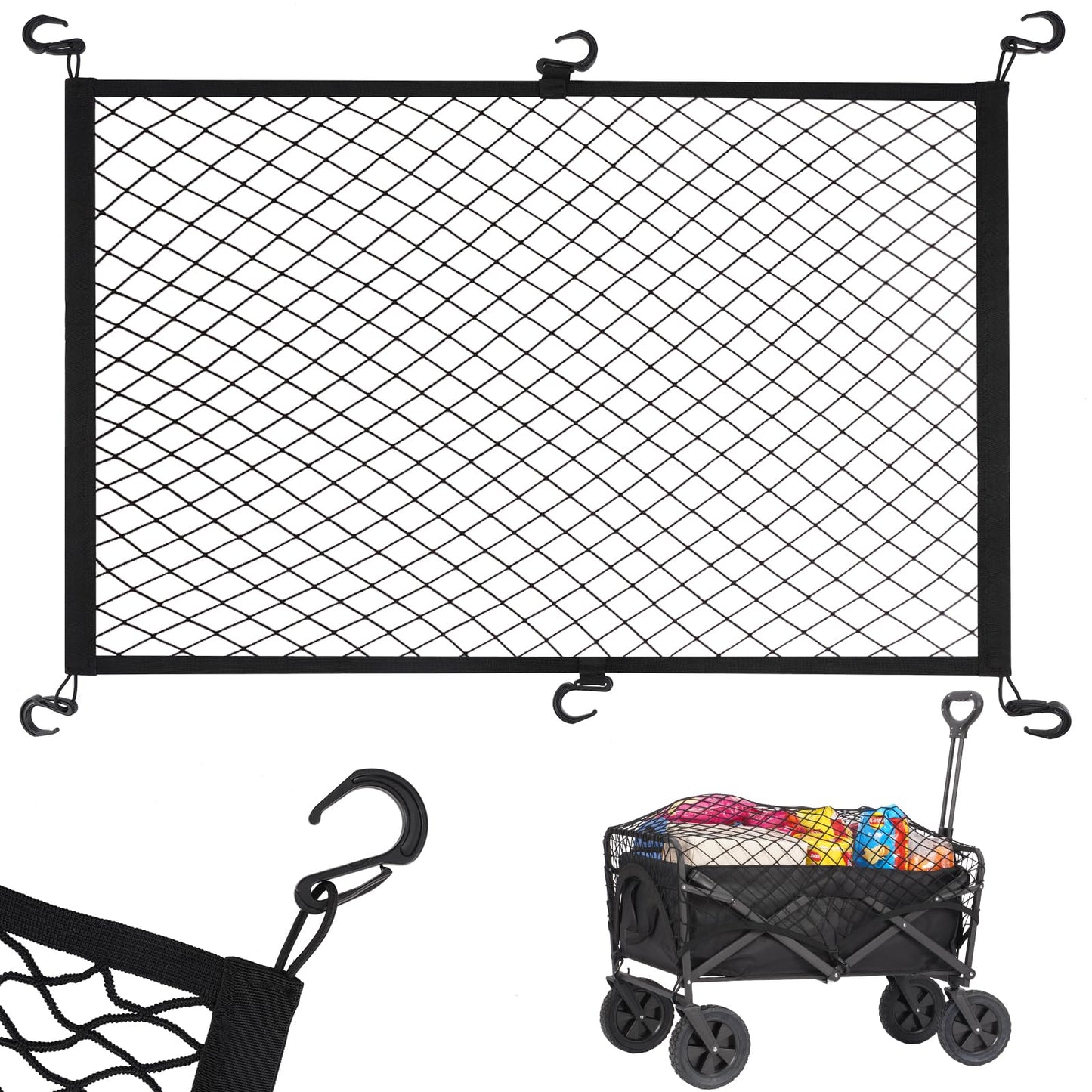 Kaskawise Small Cargo Net for Collapsible Foldable Wagon, Beach Cart, Garden Cart Cover Net - Elastic Mesh Heavy Duty Nylon Net with 6 Hooks - Outdoor Wagon Accessories (35.5"×23.6", Black)