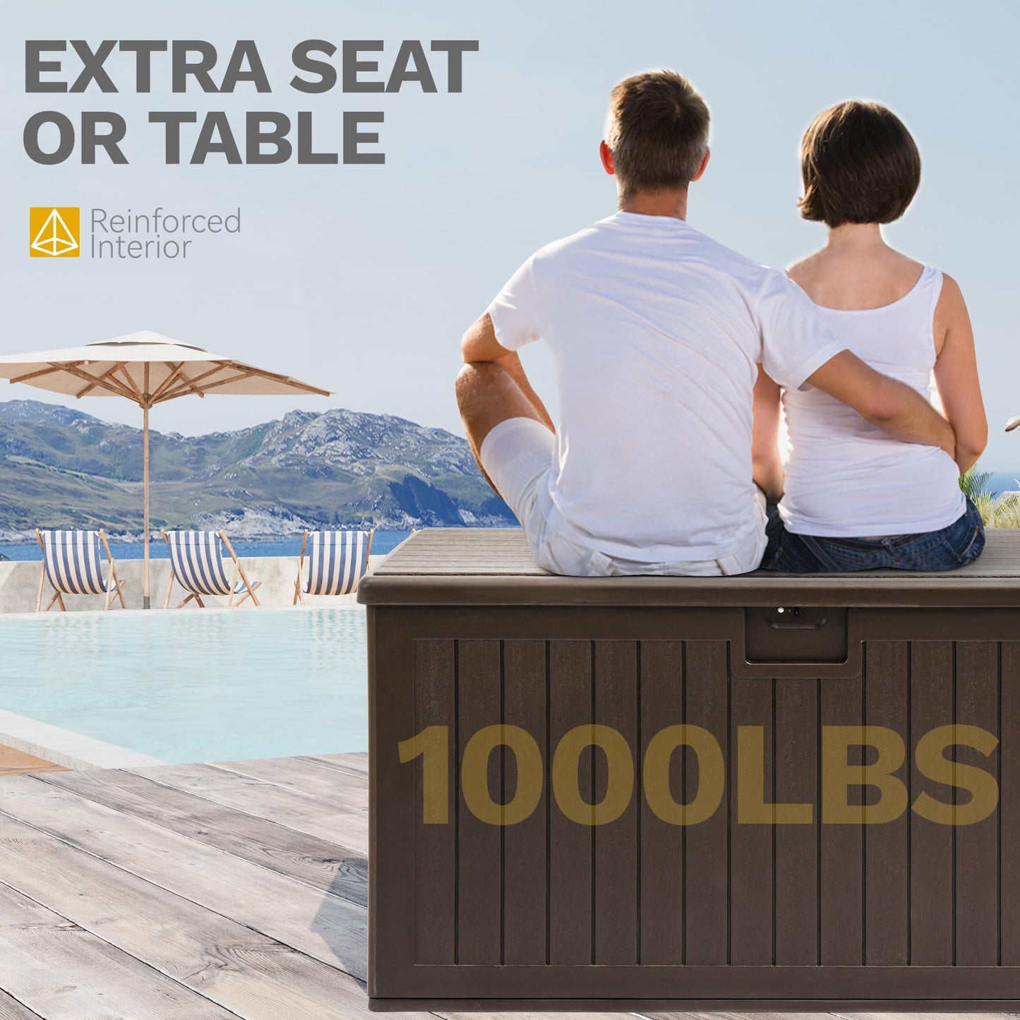 DWVO 150 Gallon Double-Wall Deck Box, XL Large Resin Outdoor Storage Box, Lockable & Waterproof, Double as Seating, 1000lbs Capacity (Brown)