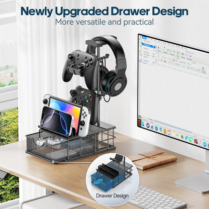 KDD Headphone Stand with Drawer - Headset & Controller Holder for Desk - Aluminum Supporting Bar Earphone Stand with Cable Organizer - Universal Gaming PC Accessories Storage