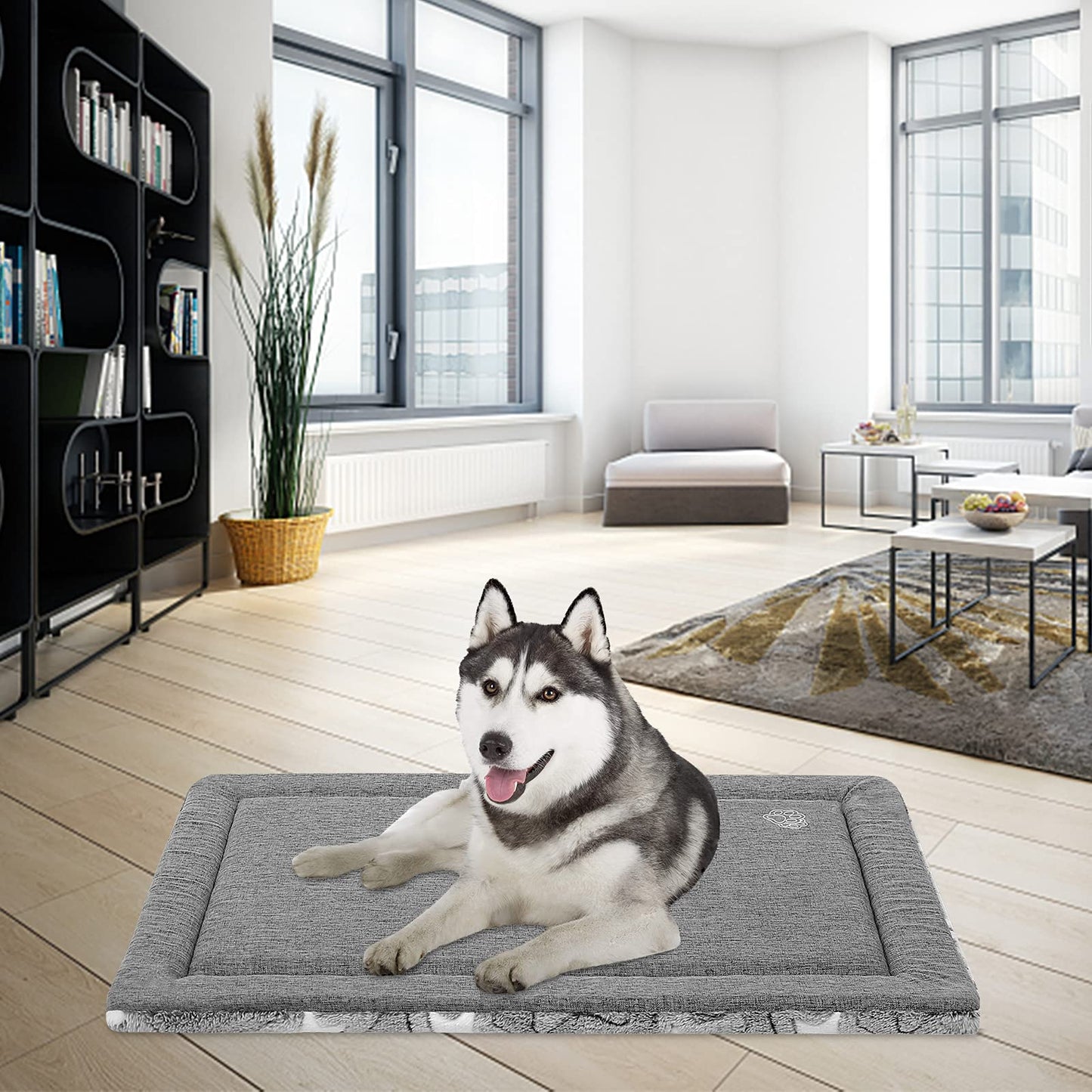 EMPSIGN Dog Bed Mat for Dog Cage (92 * 61 * 2.8cm, Dog Bed Pad Reversible (Cool & Warm), Machine Washable, Pet Sleeping Mat for Medium to Large Dogs, Grey, Star Pattern
