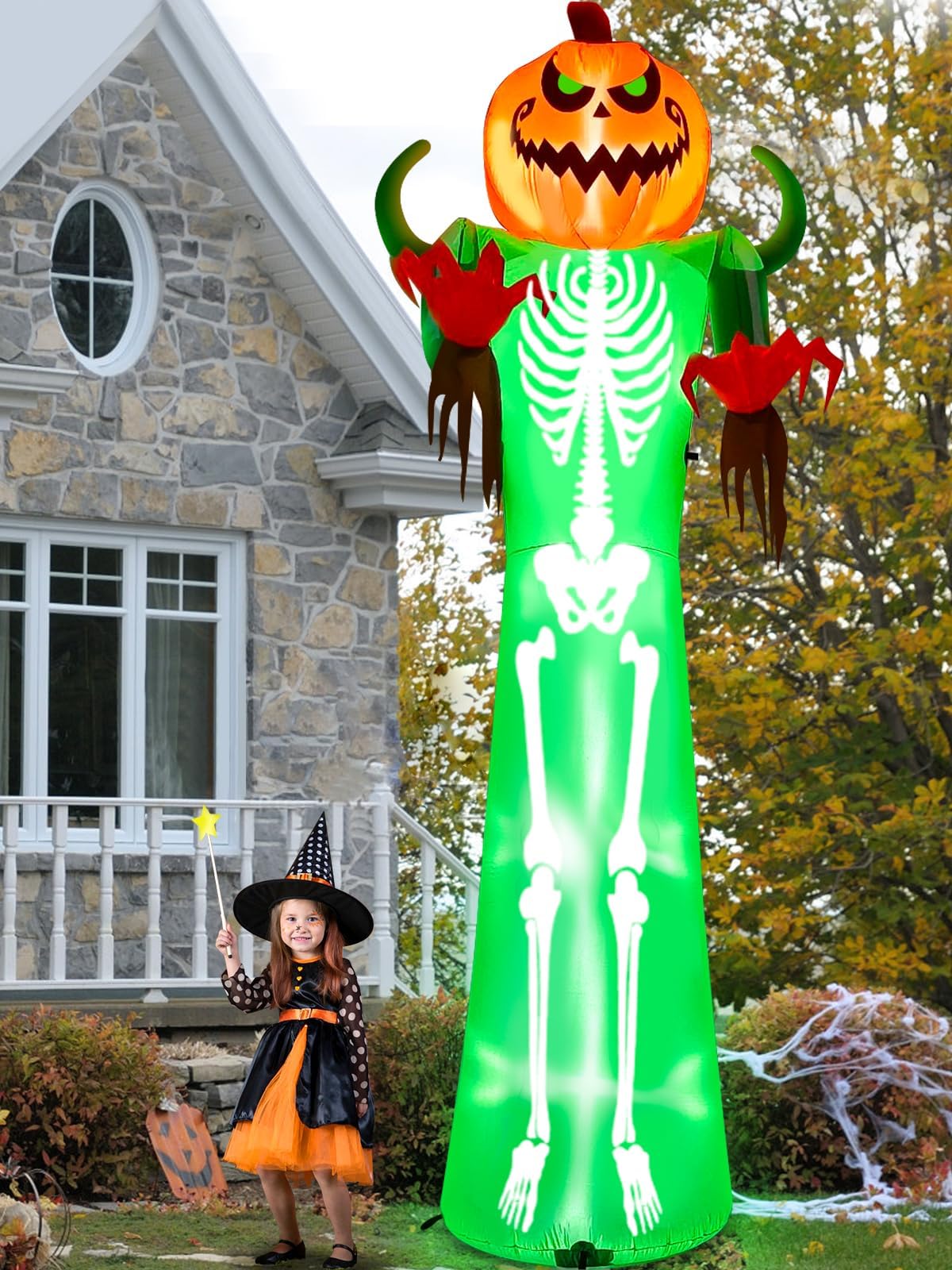 Kalolary 12FT Halloween Inflatable with LED Light, Giant Pumpkin Halloween Outdoor Decoration Scary Pumpkin Skeleton Blow up Inflatable for Home Family Party Halloween Holiday Yard Lawn Indoor Decor