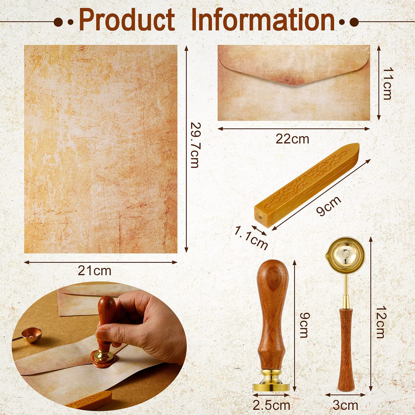33 Pieces Vintage Paper and Envelopes Set, Including 12 Writing Stationery Paper Letter 12 Envelopes Sealing 6 Wax Sticks Seal Stamp Tea Candles and Wax Spoon for Stamp