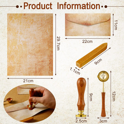 33 Pieces Vintage Paper and Envelopes Set, Including 12 Writing Stationery Paper Letter 12 Envelopes Sealing 6 Wax Sticks Seal Stamp Tea Candles and Wax Spoon for Stamp