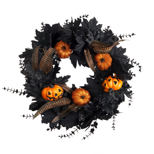 Halloween Wreath for Front Door - 20inch Eucalyptus Wreaths with Pumpkin, Feather and Maple Leaves for Indoor Outdoor Wall Window Porch Patio Garden Farmhouse Home Party Prom Decoration