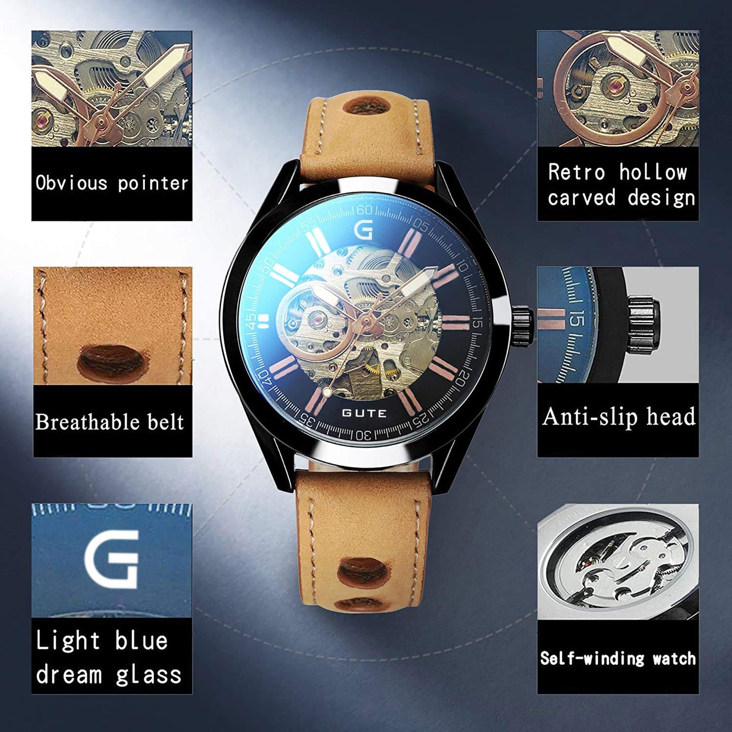 Gute Mens Watches, Mechanical Skeleton Automatic Self-Winding Steampunk Watch for Men, Casual Clock Brown Leather Wrist Watch